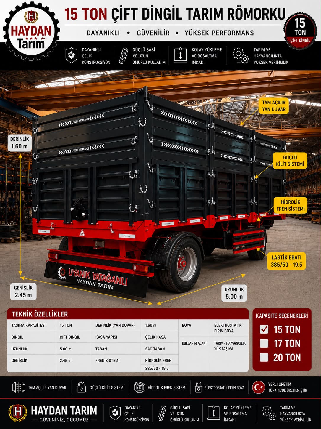 Haydan Tarım 15 ton çift dingil tarım römorku