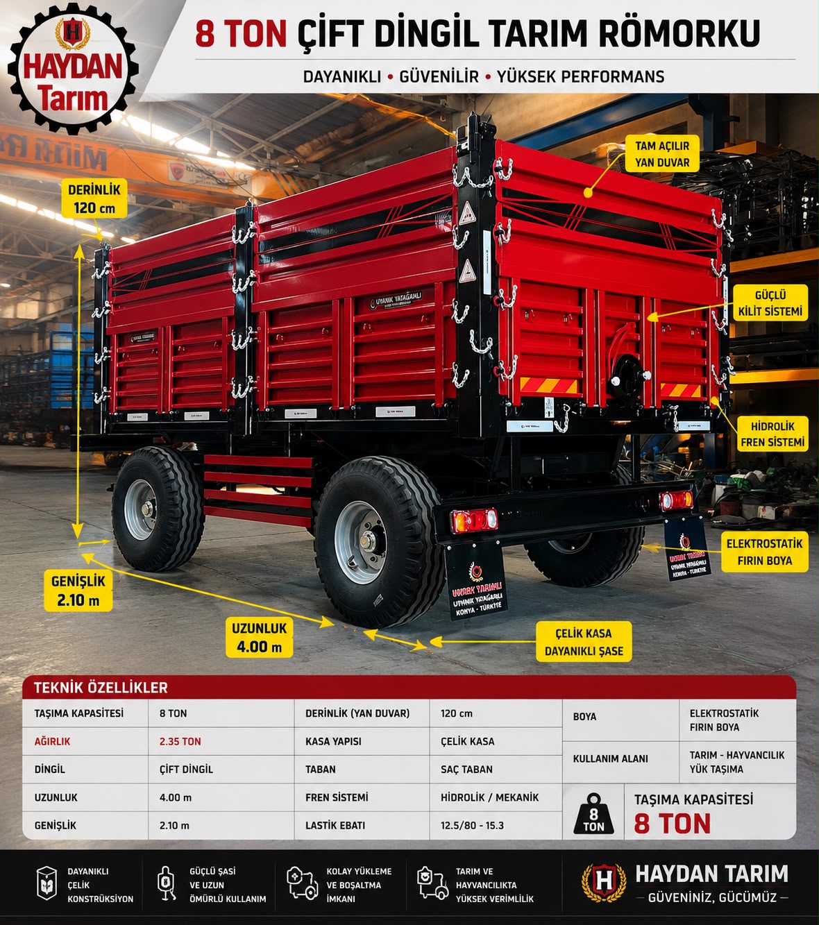 Haydan Tarım 8 ton çift dingil tarım römorku